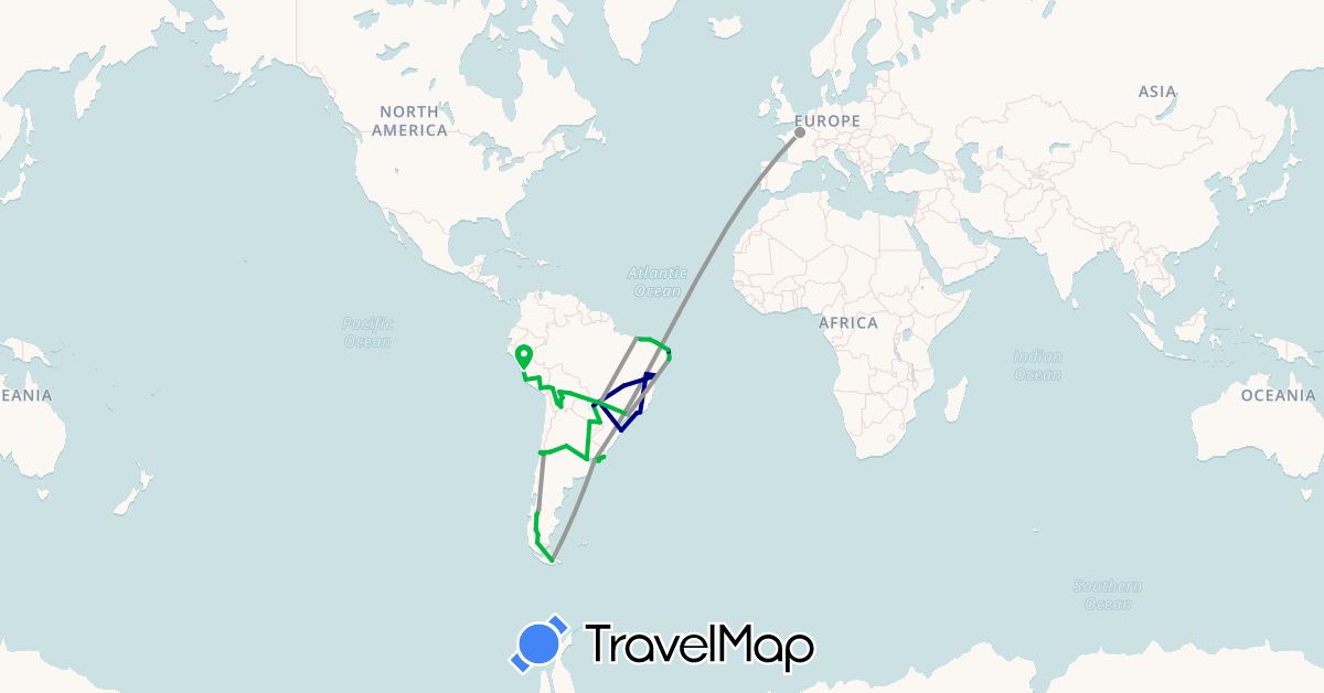 TravelMap itinerary: driving, bus, plane in Argentina, Bolivia, Brazil, Chile, France, Peru, Paraguay, Uruguay (Europe, South America)